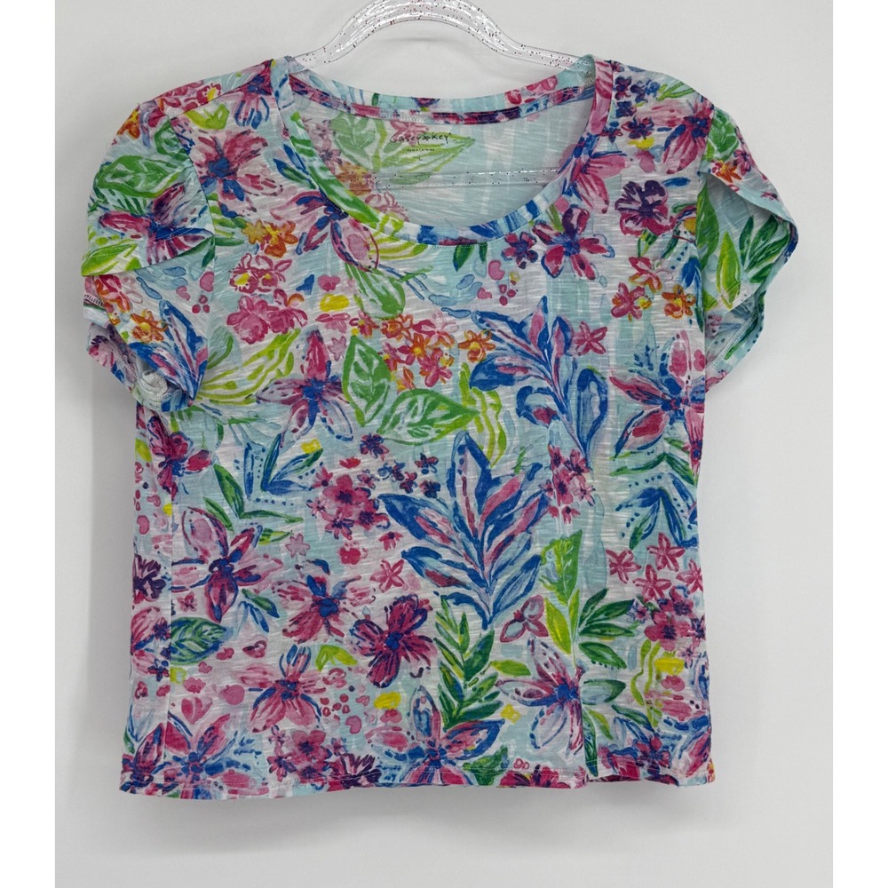 Casey & Kay Womens Floral Watercolor Scoop Neck Short Tulip Sleeve Tee Top‎ Sz L